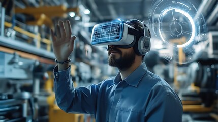A man in a blue shirt and virtual reality headset reaches out his hand as he looks at a digital display, with a blurred factory background and a glowing ring in the foreground.