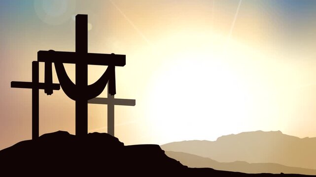 three crucifixion crosses on Calvary against the background of sunrise animated illustration