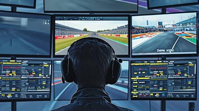 Race director at the motorsport track control room with several TV monitoring lines