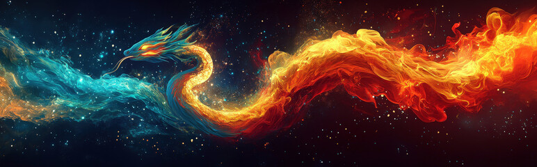 abstract representation of a snake entwined with fire, using bright, energetic colours to symbolise transformation and renewal 蛇