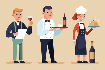 Set of character of a waiter man with a tray, with a bottle of wine, write down a customer's order, invites
