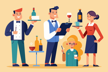 Set of character of a waiter man with a tray, with a bottle of wine, write down a customer's order, invites

