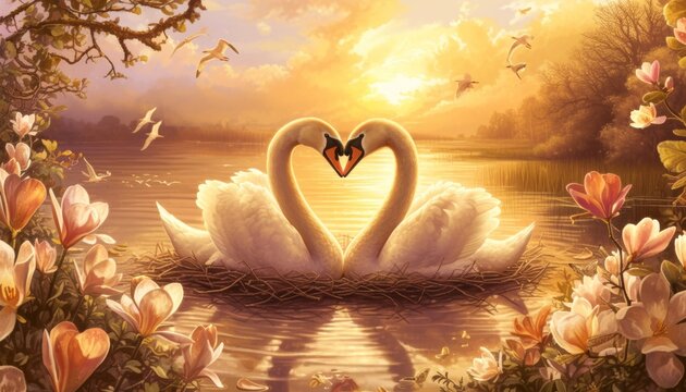 A devoted pair of swans kiss in the shape of a love heart against the backdrop of a night lake and nest.