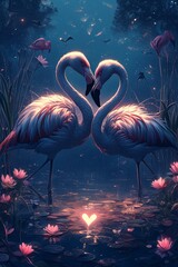 A pair of pink flamingos kiss in a loving dance.