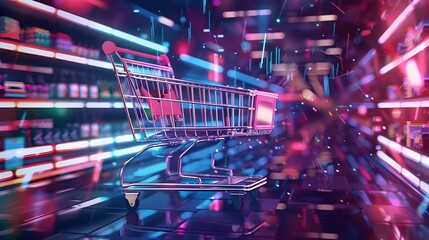 Futuristic Digital Shopping Cart with Mega Sale Banner in Virtual Store Environment
