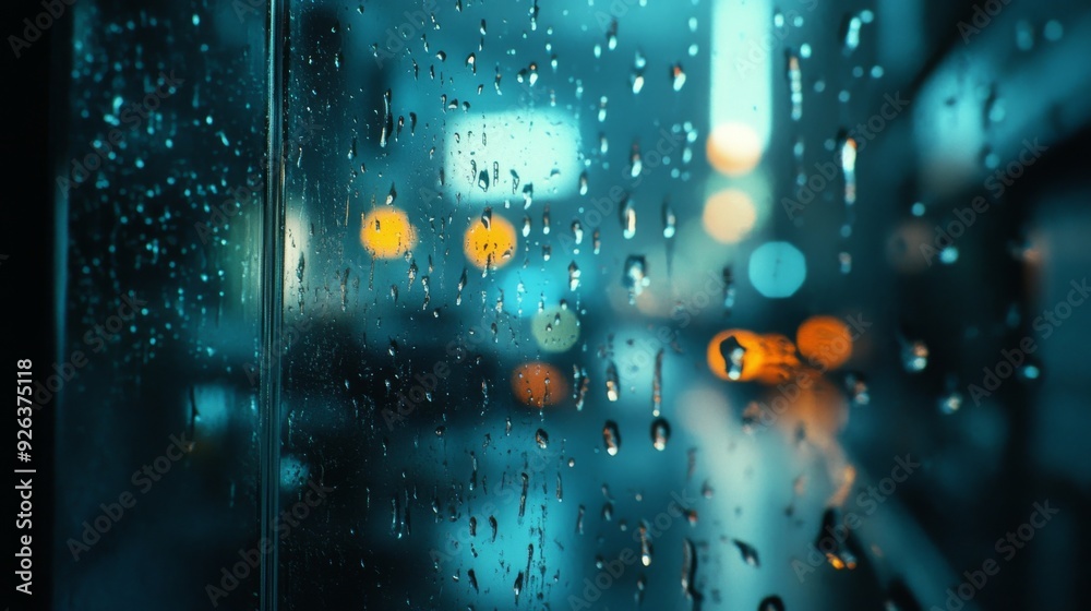 Poster a close-up of raindrops on a windowpane, with the blurred outlines of an urban landscape visible thr