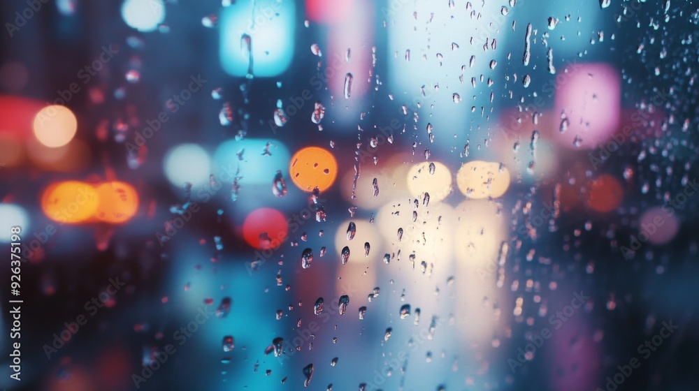 Poster a close-up of raindrops on a windowpane, with the blurred outlines of an urban landscape visible thr