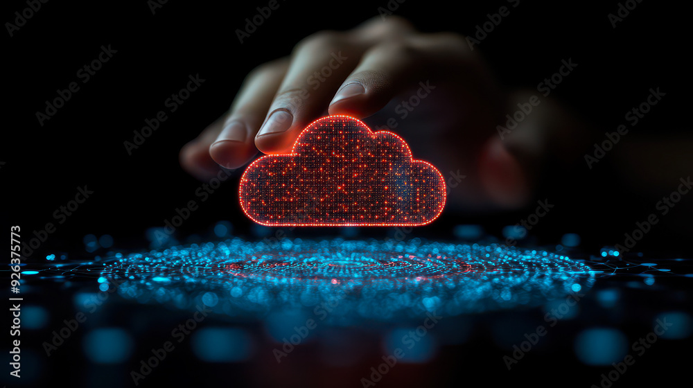 Poster businessman engaging with cloud computing network technology for data storage and backup in business