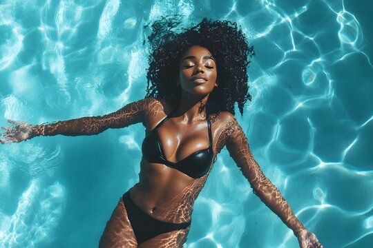 Beautiful black woman relaxing in the pool