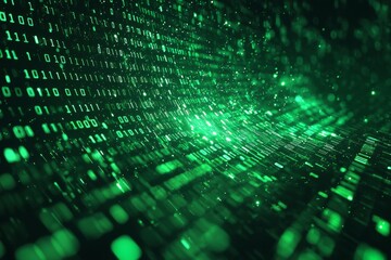Naklejka premium Green Dark Binary Code with Data Streaming Background created with Generative AI