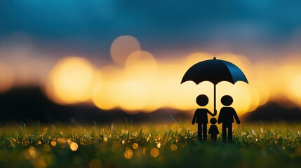 A family under a protective umbrella symbolizing life insurance security