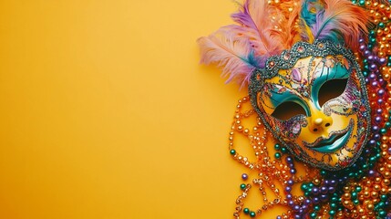 Festive Mardi Gras Accessories Flat Lay on Vibrant Yellow Background with Copy Space - Carnival...