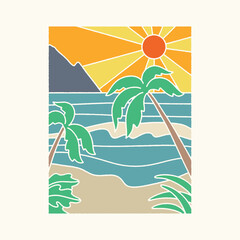 beach illustration simple graphic tropical design sunshine vintage rectangle badge summer