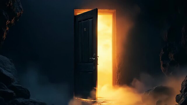 Mysterious glowing door slowly opens in darkness. Warm light emanates from crack, creating surreal, dreamlike atmosphere. Symbolizes hope, discovery, new beginnings.	