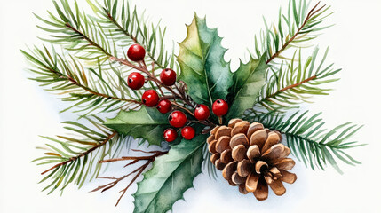 Watercolor Coniferous Twig with Pine Cone and Red Berries - Holiday Winter Decoration - Seasonal Botanical Art on White Background