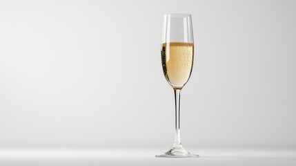 A detailed shot of a beautifully designed champagne flute with a sparkling drink, set against a white background to emphasize its sophistication.