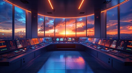 Ultra Hyper Realistic Nuclear Plant Control Room with Futuristic Technology and Stunning Sunset Sky