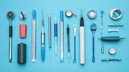 Collection of diagnostic tools including otoscope and thermometer, top view