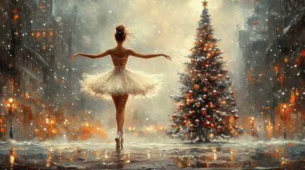 Christmas ballerina dancing in front of Christmas tree with white tulle and decorations, falling snow, fantasy painting