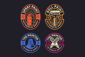 pilox, spray paint can, paint roll brush, spray button, marker retro badge logo design set for paint shop, graffiti, garage and creative business