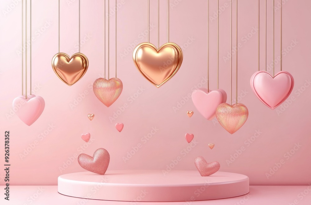 Poster valentine's day background with a pink and gold color theme. in the middle of the composition is a h