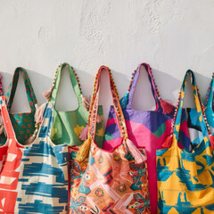 Colorful Collection of Patterned Tote Bags Hanging on Wall, Eco-Friendly Fashion, Sustainable Accessories
