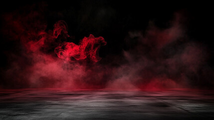 Abstract red smoke rising against a black background, with a concrete floor in a dark room. The empty scene is perfect for product display, presentation, and studio decoration, creating a dramatic and © zhou yan