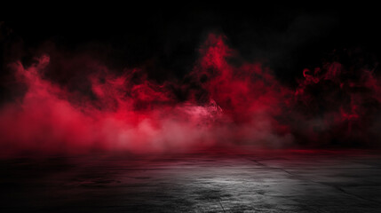 Abstract red smoke rising against a black background, with a concrete floor in a dark room. The empty scene is perfect for product display, presentation, and studio decoration, creating a dramatic and