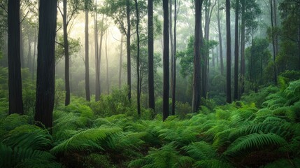 Dense forest with tall, slender trees and a carpet of ferns, early morning mist