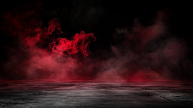 Abstract red smoke rising against a black background, with a concrete floor in a dark room. The empty scene is perfect for product display, presentation, and studio decoration, creating a dramatic and