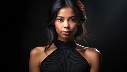 Fototapeta premium studio portrait of brunette woman wearing a black dress on black background 