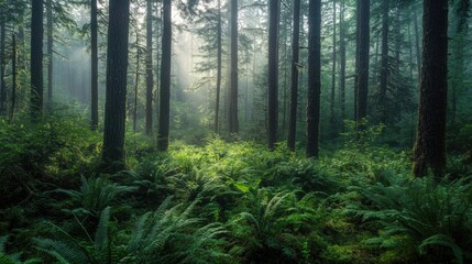 Dense forest with tall, slender trees and a carpet of ferns, early morning mist
