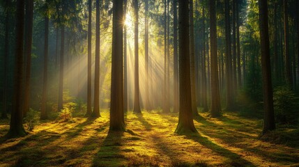 Obraz premium Dense pine forest with sunlight streaming through the needles, tranquil scene