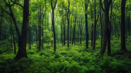 Enchanted forest with thick undergrowth and vibrant green leaves, summer