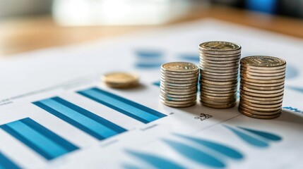 Financial growth chart with a stack of coins on a desk, top view
