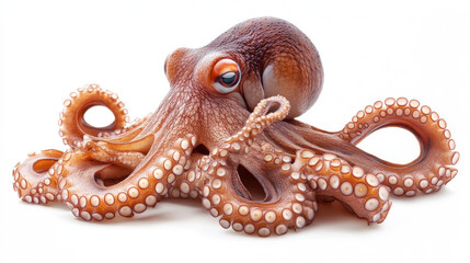 Obraz premium An octopus with its many arms is shown on a white background. --ar 16:9 --v 6.1 Job ID: 0fde0543-1cb4-4792-88e9-ff6bdceca8bb