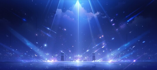 Enchanting Anime-Style Stage with Spotlights Piercing the Darkness, Evoking the Mystical Concert Lighting and Abstract Art Concepts Ideal for Game and Storybook Illustrations, Comic Books, and Picture