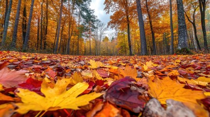 Forest in autumn with colorful leaves covering the ground and trees
