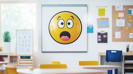 Bright yellow surprised smiley face emoji icon on classroom interactive whiteboard, enhancing learning environment with fun and positivity.
