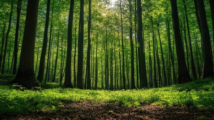 Obraz premium Forest in spring with new growth and vibrant green leaves, fresh and serene
