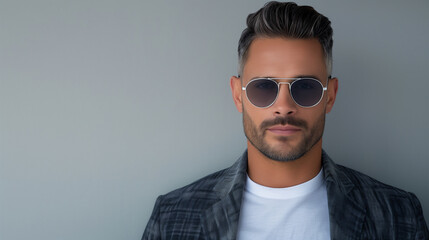 Fototapeta premium A sophisticated man wearing dark aviator sunglasses, exuding confidence and style, dressed in a patterned blazer with a modern look.