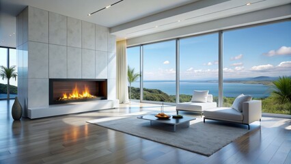 Contemporary minimalist space with a sleek white electric fireplace, polished chrome accents, and a stunning ocean view through the floor-to-ceiling windows