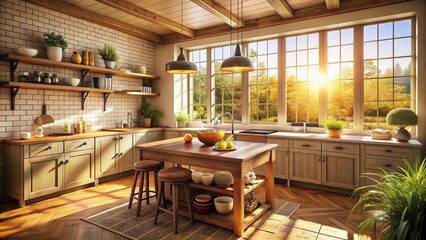CozyAfternoonKitchenSceneWithWarmLightPouringThroughTheWindowsHighlightingTheSpotlessCountersAndRusticDecorInEarthTones