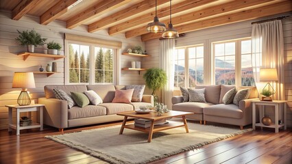 Fototapeta premium Cozy Cottage Soft Focus unfurnished home with warm wooden accents, plush carpets, and soft pastel hues, exuding a sense of comfort and tranquility.