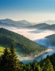 Obraz premium Misty mountain landscape at sunrise with forested hills and valleys under a soft blue sky