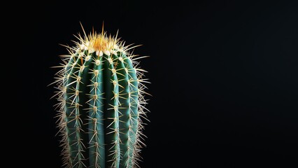 Vibrant Close-up Shot of a Magnificent Single Barrel Cactus with Golden Spines on Dark Background, Perfect for Nature Enthusiasts and Botanical Lovers