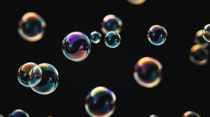 Mesmerizing and Colorful Bubbles Reflecting Light in a Serene and Enigmatic Dark Space, Creating a Captivating Visual Experience