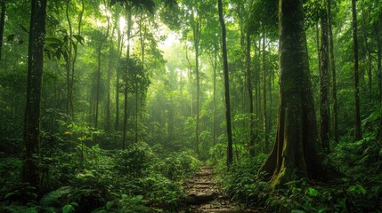 Obraz premium Majestic forest with towering trees and lush undergrowth, timeless beauty