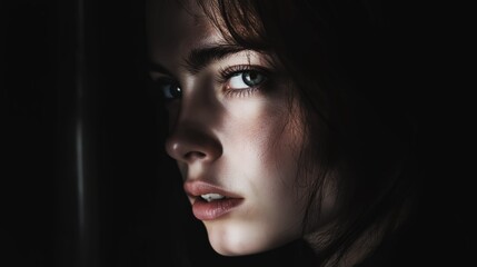 Contemplative young woman with flowing dark hair and striking blue eyes gazing thoughtfully towards the side, bathed in warm light and shadow