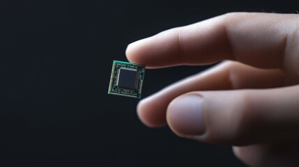 Close-Up of Fingertip Holding Microchip on Black Background, Technology Conceptual Image for Computer Science and Electronics Industry